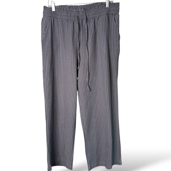 UNBRANDED Linen Cotton Blend Grey Pinstripe Pull On Wide Leg Pants Pockets Sz XL - Picture 1 of 8